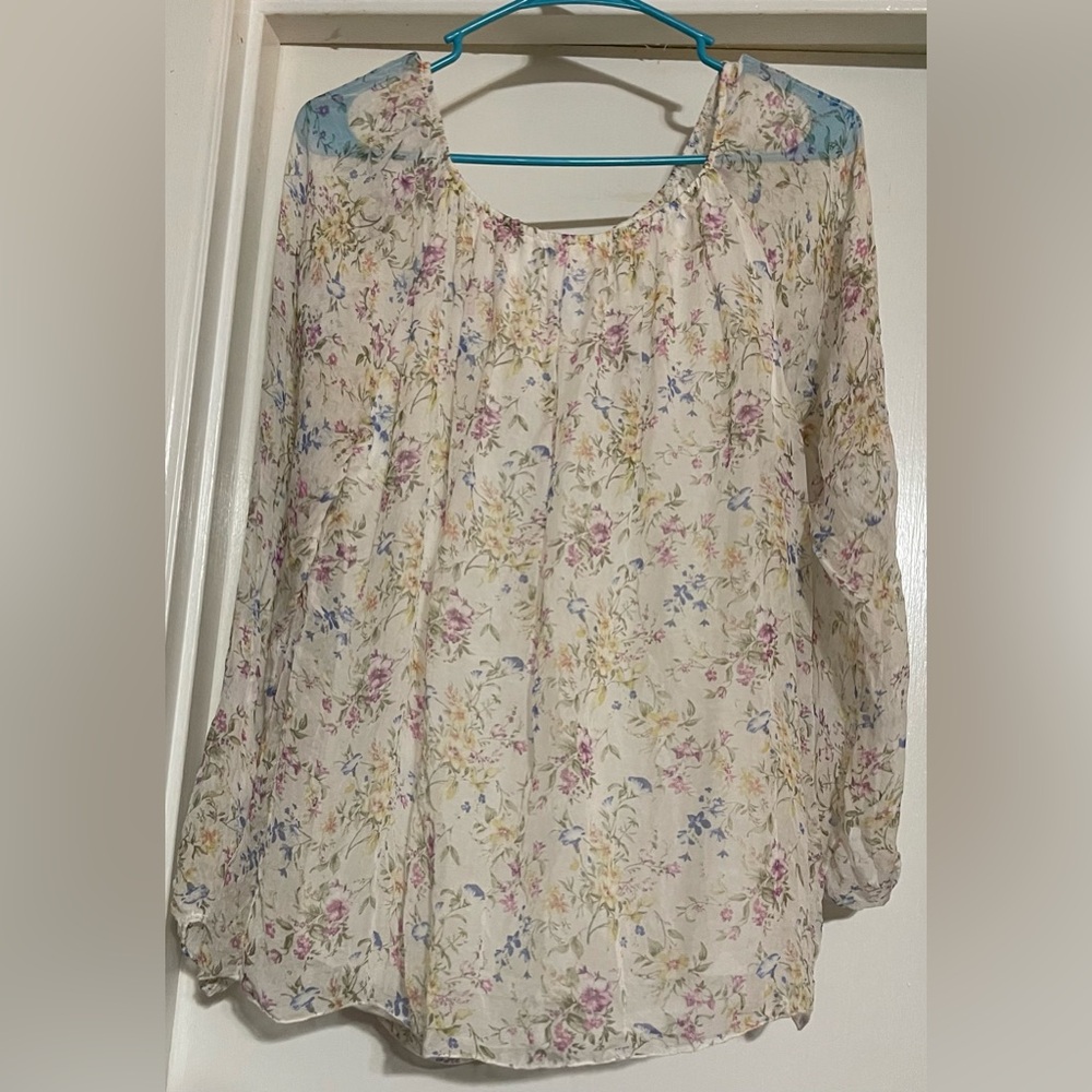 Viola Borghi 100% Silk Italy Lined Floral Top With Sheer Sleeves Size Large